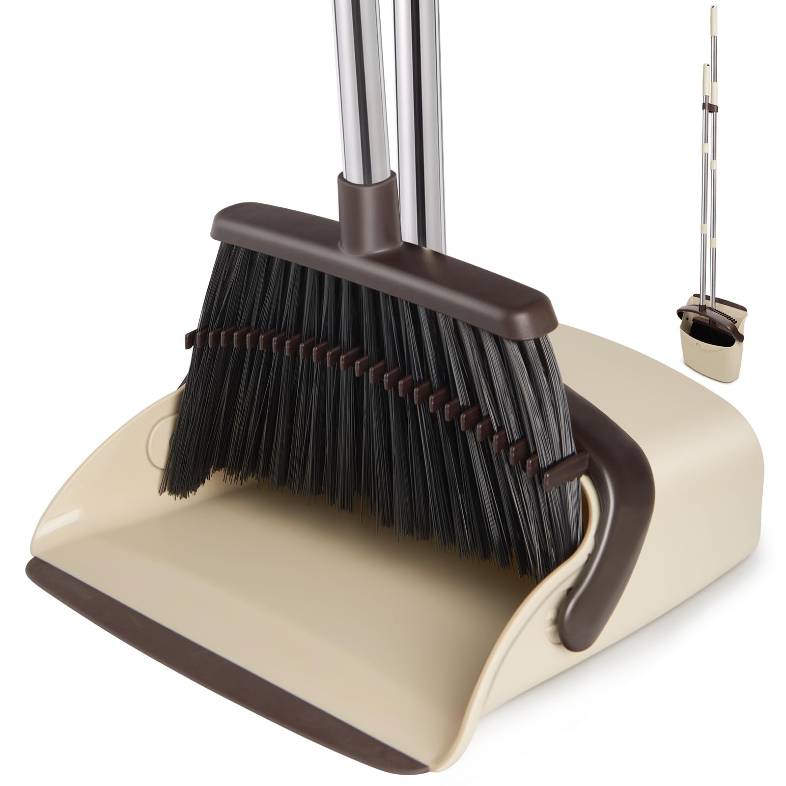 XXFLOWER Broom and Dustpan Set, Dustpans with Broom Combo for Home, Heavy Dust Broom and Dustpan Combo, Long Handle Dust Pan and Broom Set for Kitchen, Office, Pet Hair,Beige, Pack of 1