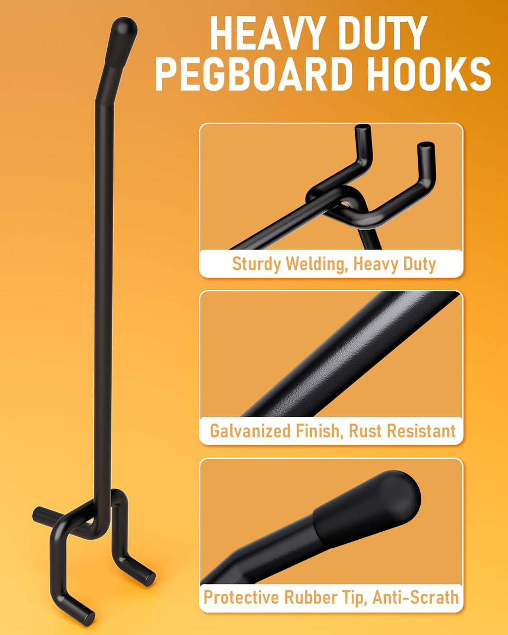 INCLY 60 Pack 2/4/6 Inch Black Pegboard Hooks, 1/4" Heavy Duty
