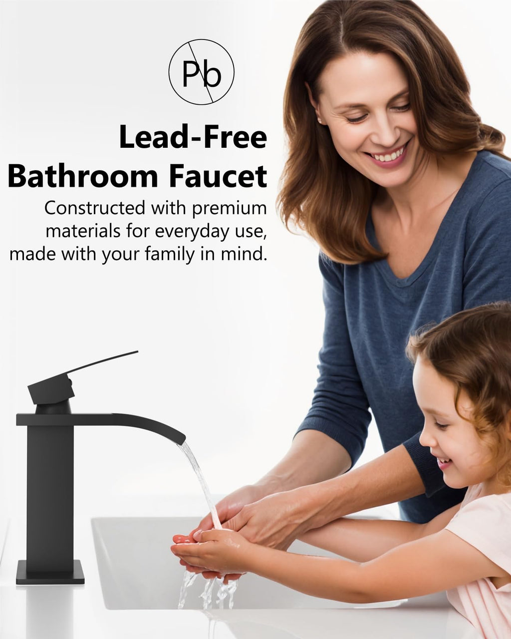 GBBNE Waterfall Bathroom Faucet 1 Hole, Single Hole Bathroom Faucet, Single Handle Vanity Sink Faucet with Deck Plate, Pop-up Drain & Supply Lines, Matte Black