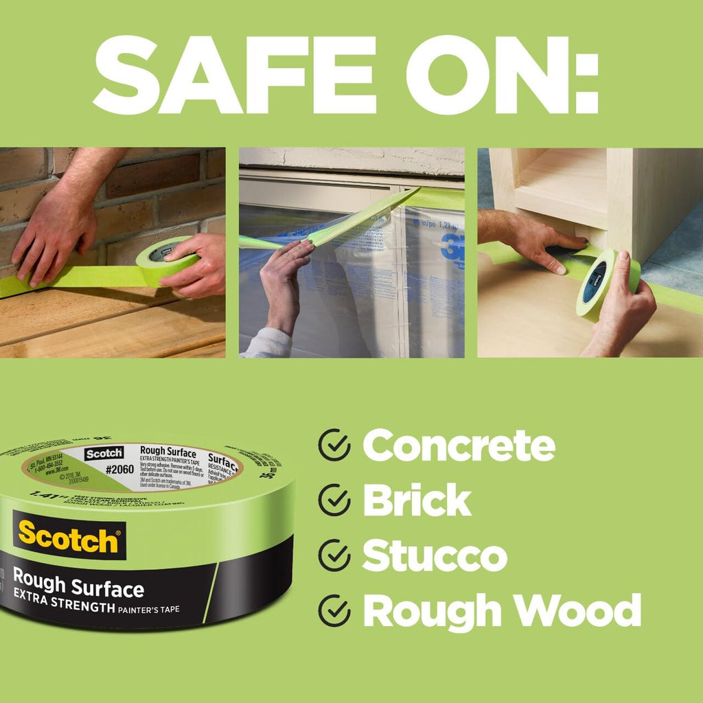 Scotch Rough Surface Painter's Tape 2060-24AR-BK, 0.94 in x 60.1 yd (24mm x 55m), Green, 3 Rolls, Clean Removal, No Residue, Textured & Hard-to-Stick Surfaces