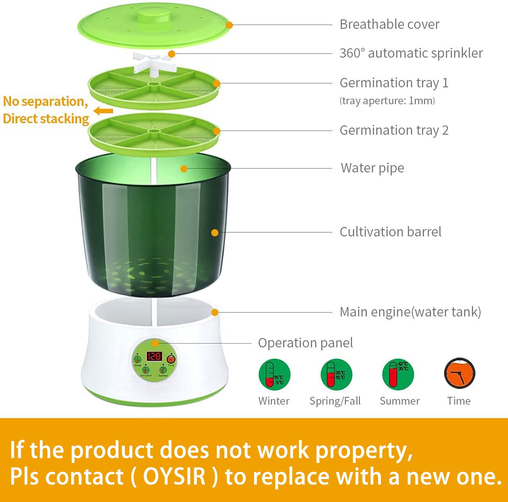 OYSIR Bean Sprouts Machine, LED Display Time Control, Intelligent Automatic Bean Sprouts Maker, 2 Layers Function Large Capacity Seed Grow Cereal Tool, 110V