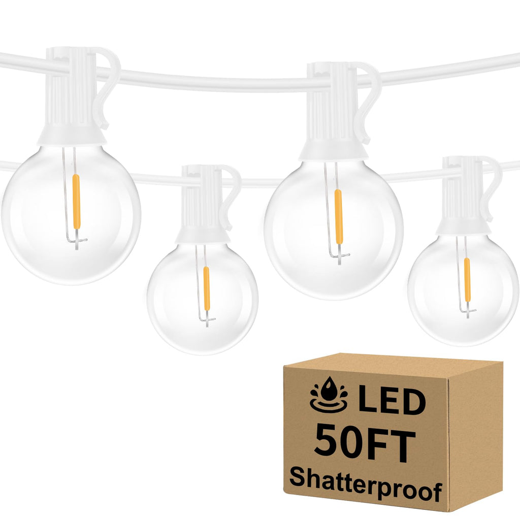 Bosceos Outdoor G40 LED Globe String Lights 50FT Dimmable Shatterproof Waterproof Patio Lights with 25+2 Bulbs Connectable Commercial Hanging Light for Patio Balcony Backyard Party (White Wire)