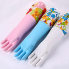 Bamllum 3 Pairs Rubber Cleaning Gloves, Household Kitchen Dishwashing Gloves with Cotton Flocked Liner, Long Cuff 16 Inches, Reusable, Non-Slip (Medium, Blue+Pink+White) (Pack of 2)