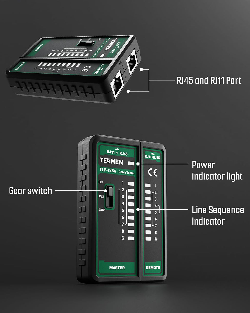TESMEN TLP-123A Network Cable Tester for RJ11 RJ45, Ethernet Wire Tool for CAT5/CAT5E/CAT6/CAT6A/CAT7/UTP&STP, LAN & TEL Continuity Test, Suitable for Cable Maintenance - Green