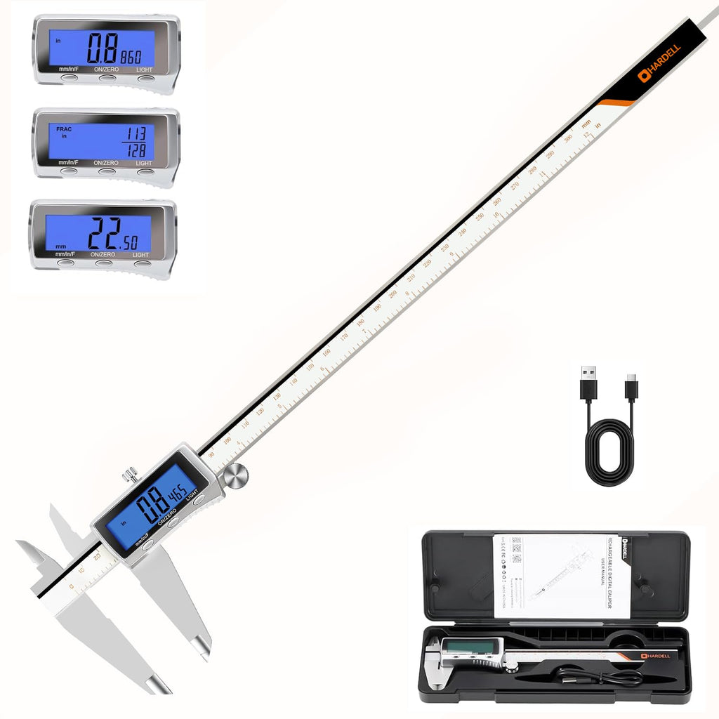 HARDELL Digital Caliper, Rechargeable Calipers with Backlight, Digital Caliper 12 Inch with All Metal Dial, Auto-Off Digital Micrometer, Inch/MM/Fraction for DIY/Household/3D-Printing