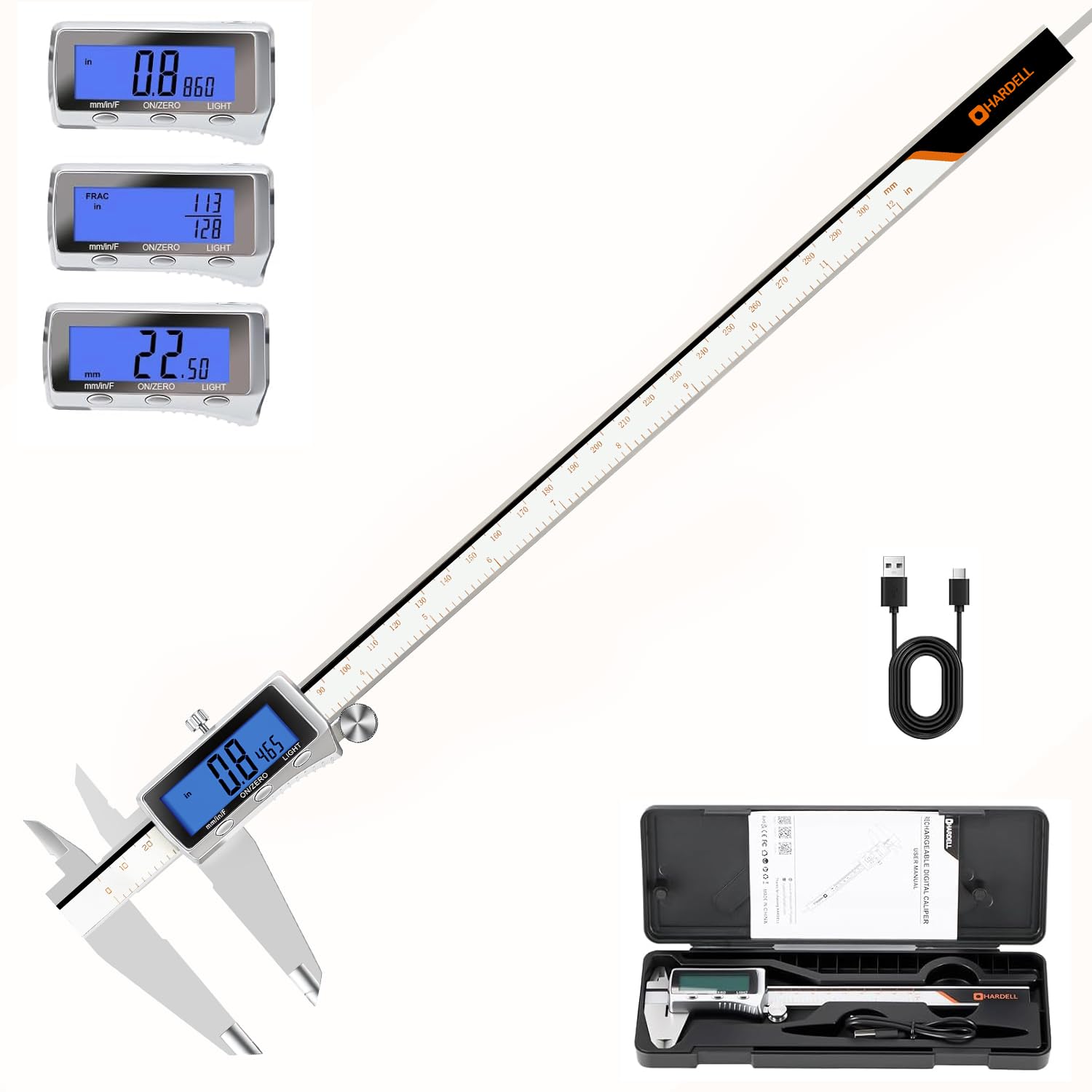 HARDELL Digital Caliper, Rechargeable Calipers with Backlight, Digital Caliper 12 Inch with All Metal Dial, Auto-Off Digital Micrometer, Inch/MM/Fraction for DIY/Household/3D-Printing