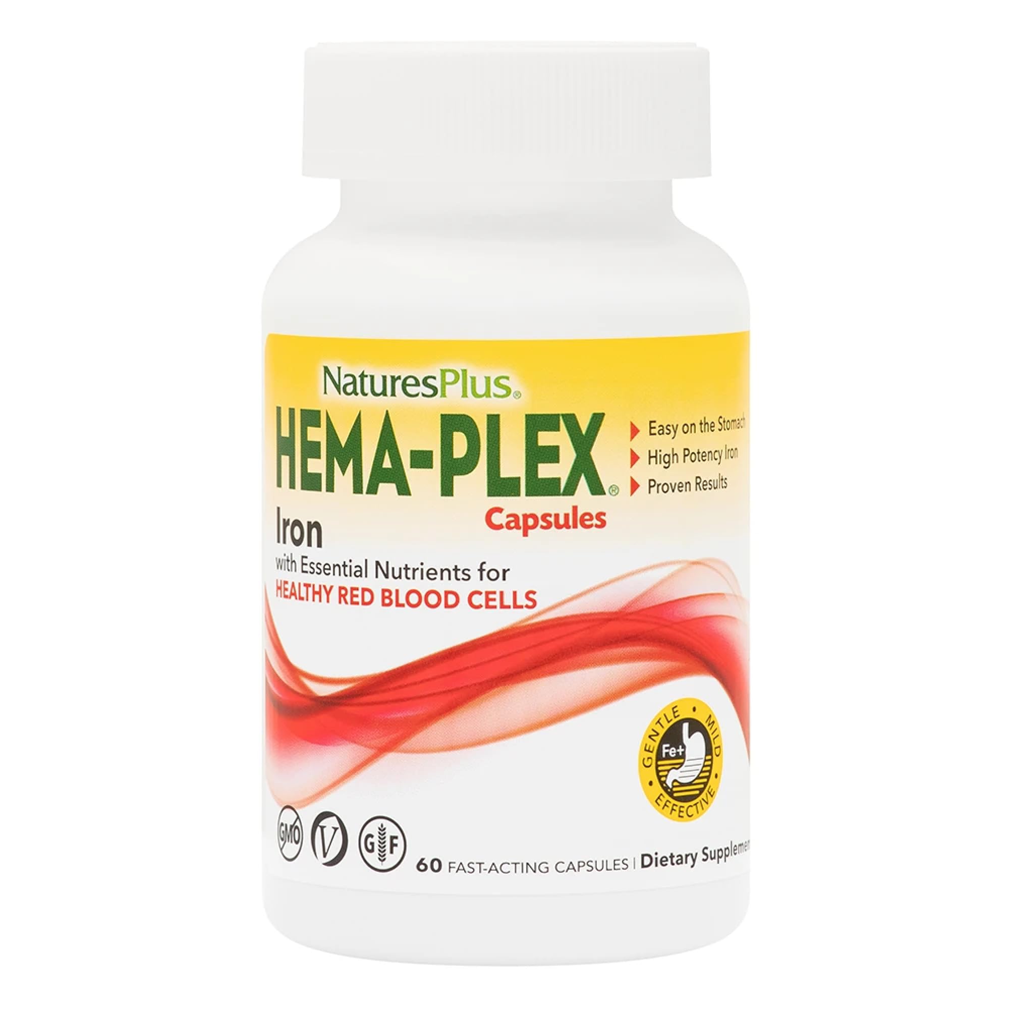 NaturesPlus Hema-Plex Iron - 60 Fast-Acting Capsules - 3 Pack - 85 mg Chelated Iron + Vitamin C & Bioflavonoids for Healthy Red Blood Cells - Vegan, Gluten Free - 90 Total Servings