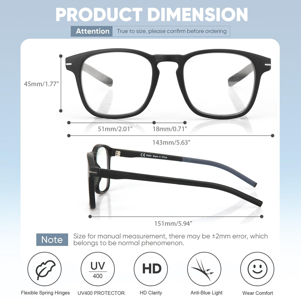 Missfive Versatile Progressive Multifocus Reading Glasses Men, Advanced Wider Spring Hinges Multifocal Computer Readers with Anti-Slip Soft Rubber Tips, No-Line Anti-Blue Light for Near Range +2.50