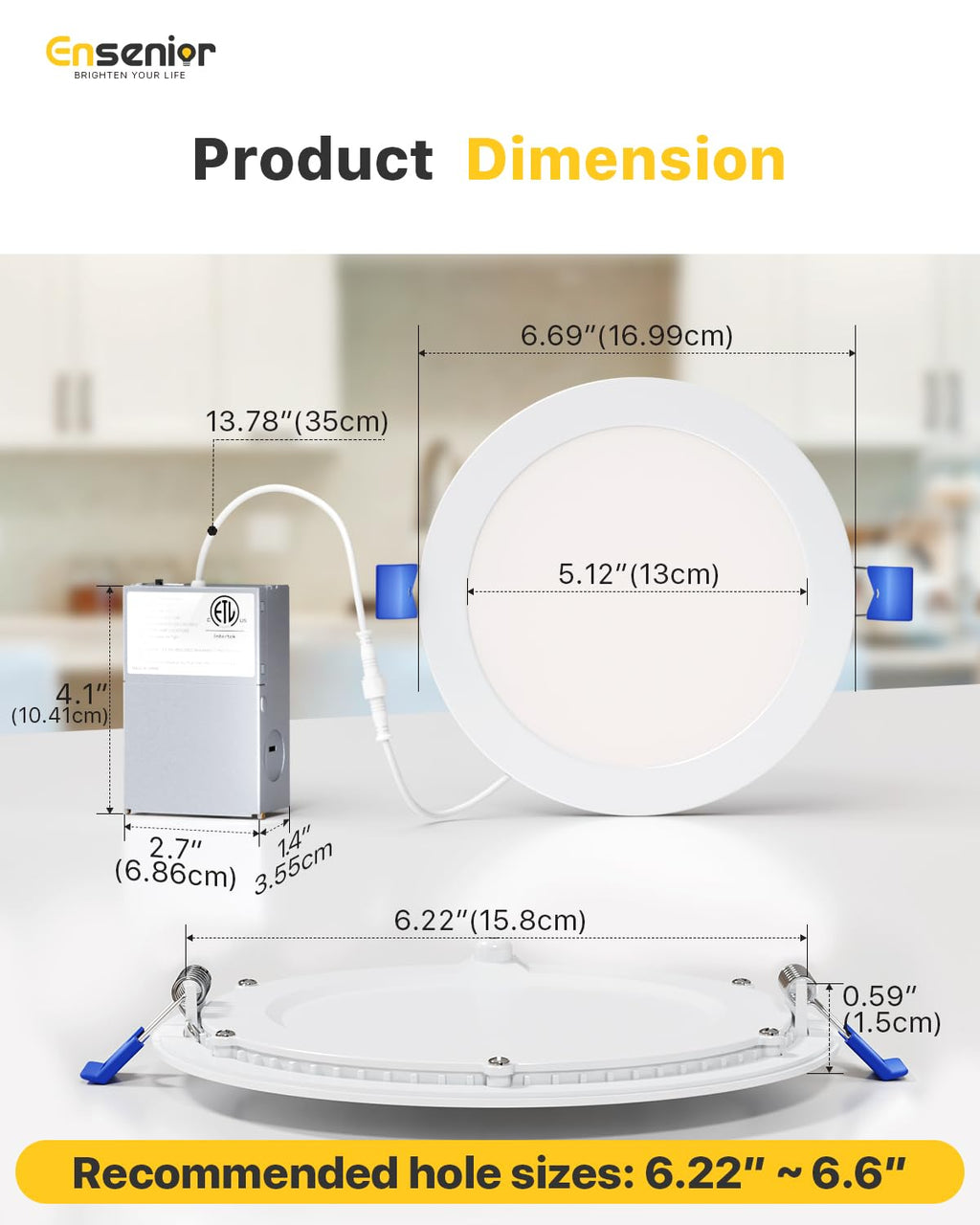 Ensenior 6 Pack 6 Inch LED Recessed Light, Dimmable, 2700K-5000K 5CCT, 1200LM High Brightness, 12W 120V, Damp Rated, ERL-12X-ETL, Ultra-Thin Canless Wafer Ceiling Light - ETL & FCC & IC