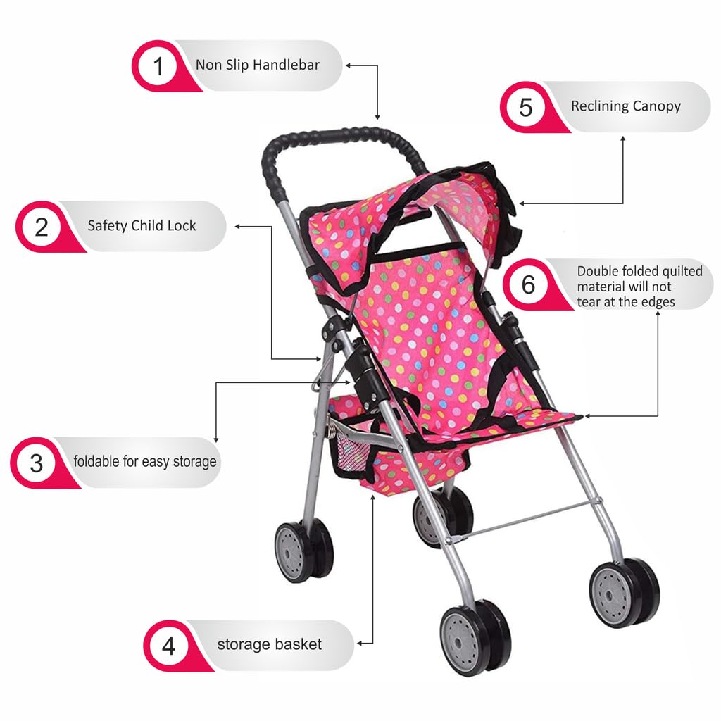 fash n kolor® - Doll Stroller My First Baby Doll Strollers Toy - Flower Design with Basket in The Bottom- Doll Accessories 2 Free Magic Bottles Included (Polka Dot)