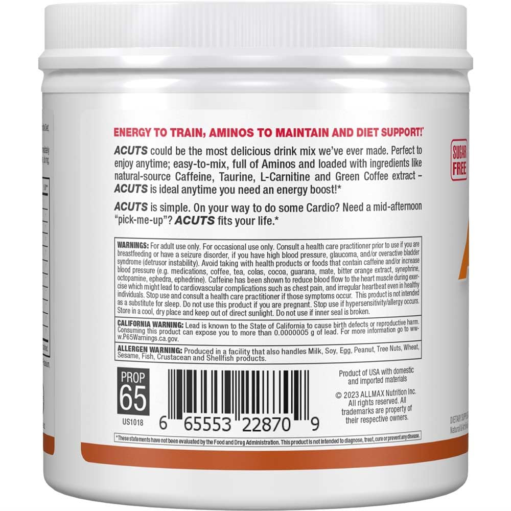ALLMAX ACUTS Amino Energy Powder with Amino Acids Supplement, Sweet Tea, 30 Servings, Caffeine, Green Coffee Extract, 2000 mg Taurine, L-Carnitine, Sugar Free, Gluten & Dye Free, Amino Acid Drink