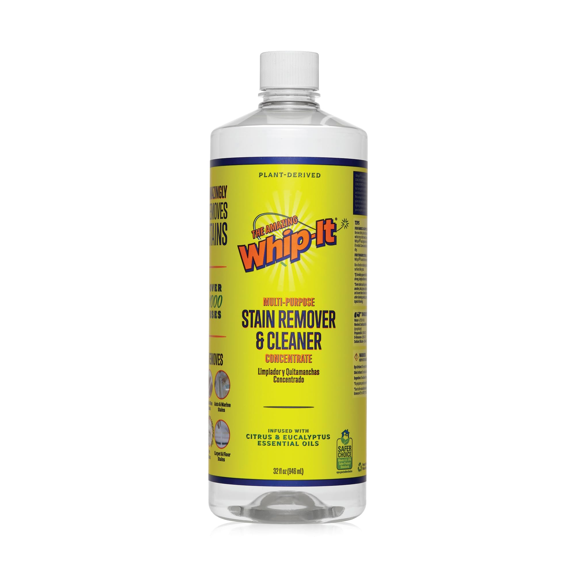 Whip It Cleaner, Multi Purpose Stain Remover CONCENTRATE, Makes 32 Bottles, Plant Based Enzyme Cleaner, Cleaning Food, Grease, Coffee, Wine, Baby Stains, pet stains, Over 500 uses, Made in USA, 32 OZ
