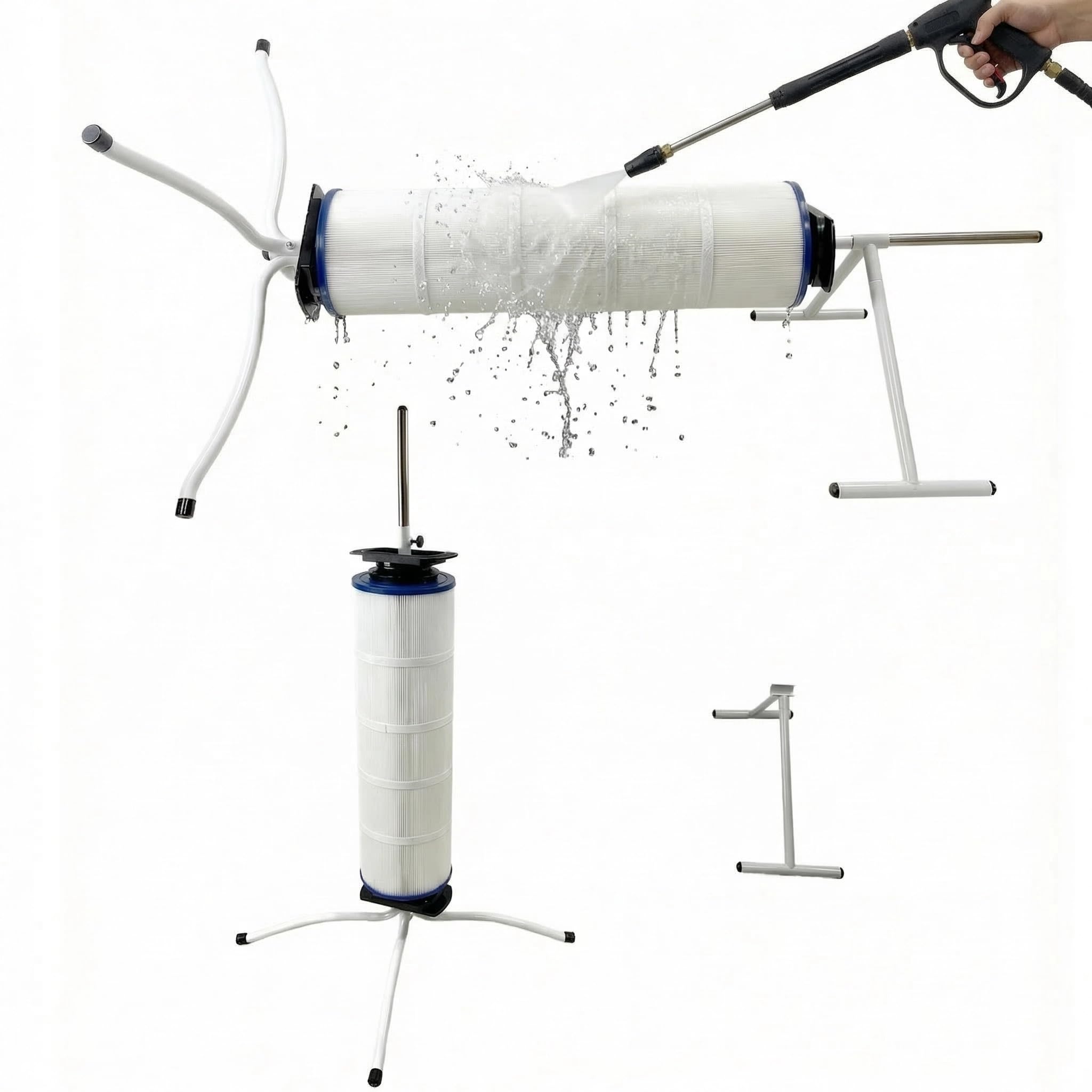 Skimzy Pool Filter Cleaner Stand, Dual-Mode Upright & Lay-Down Cleaning System with Support Bar, Smooth Bearing Rotation, Fits 3"/4"/6" Center Hole Cartridge Filters Up to 35"