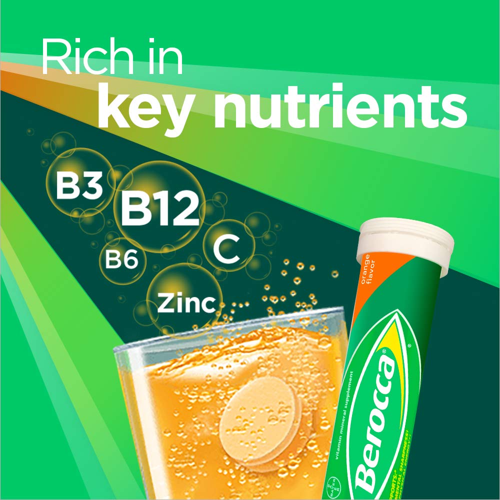 Berocca Energy Vitamin Supplement for Mental Sharpness and Physical Energy Support, Orange Flavor, Effervescent Tablets, 20 Count