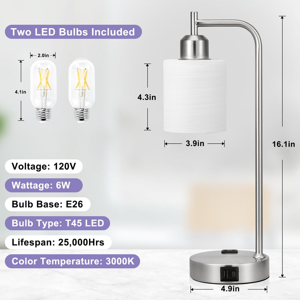 Innqoo Industrial Nickel Table Lamps for Bedrooms Set of 2-3-Way Dimmable Desk Lamp with USB C+A Ports and Outlet, Sliver Lamps with Striped White Glass Shade for Living Room