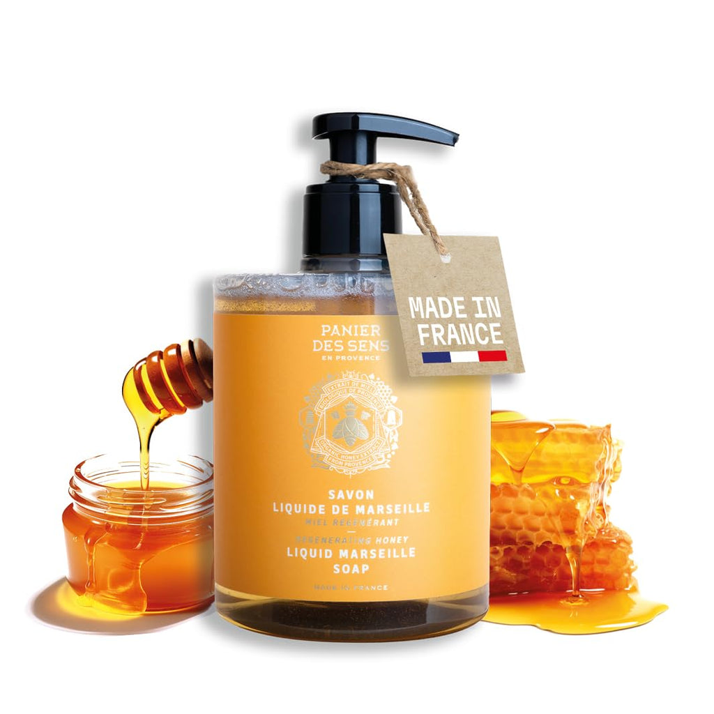 Panier des Sens - Nourishing Honey Moisturizing Liquid Hand Soap - French Provence Hand Wash - Savon de Marseille Soap with Olive Oil - Refillable Bottle - 97% Natural Ingredients - 16.9 Fl Oz