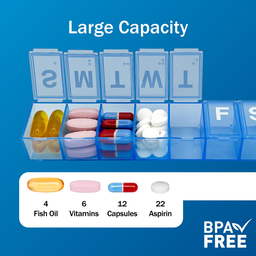 Amazon Basic Care 7-Day Weekly Pill Organizer, Portable Medicine and Vitamin Planner Box with Medium Compartments, Blue