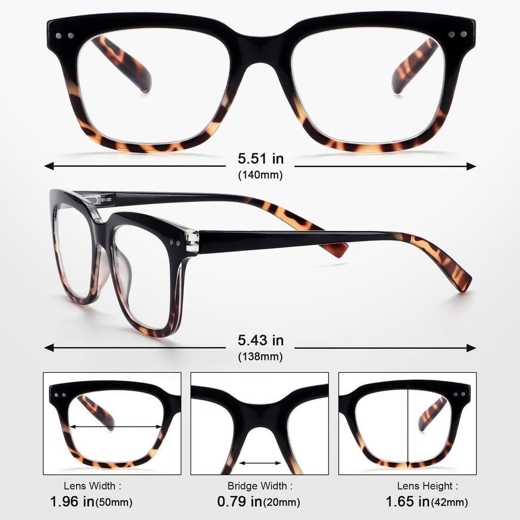 CHOFILORD 6 Pack Fashion Reading Glasses for Women Men Blue Light Blocking Oversized Square Readers with Spring Hinge (6 Pack Mix, 2.00)
