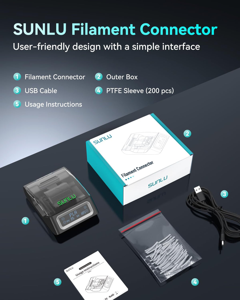 SUNLU Official Filament Connector, Fast Heating Filament Splicer for 3D Printer Filament 1.75mm, Up to 240°C, Compatible with PLA PETG TPU ABS PA Nylon, Easy to Use, Pack with 200PCS PTFE Sleeve