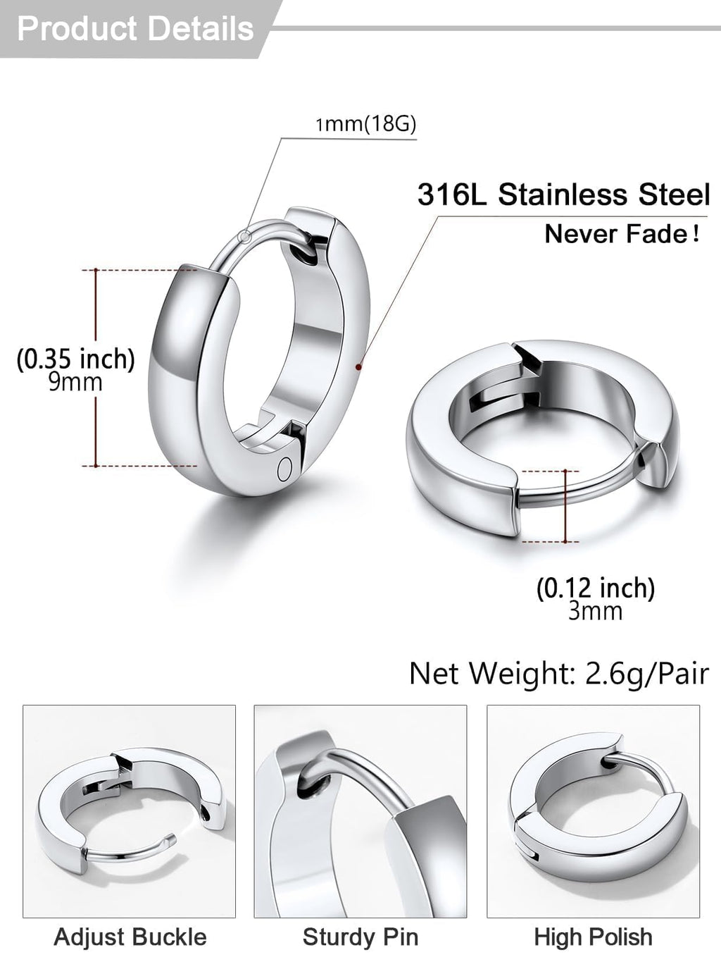 Small Silver Huggie Hoop Earrings for Women 9mm Lightweight