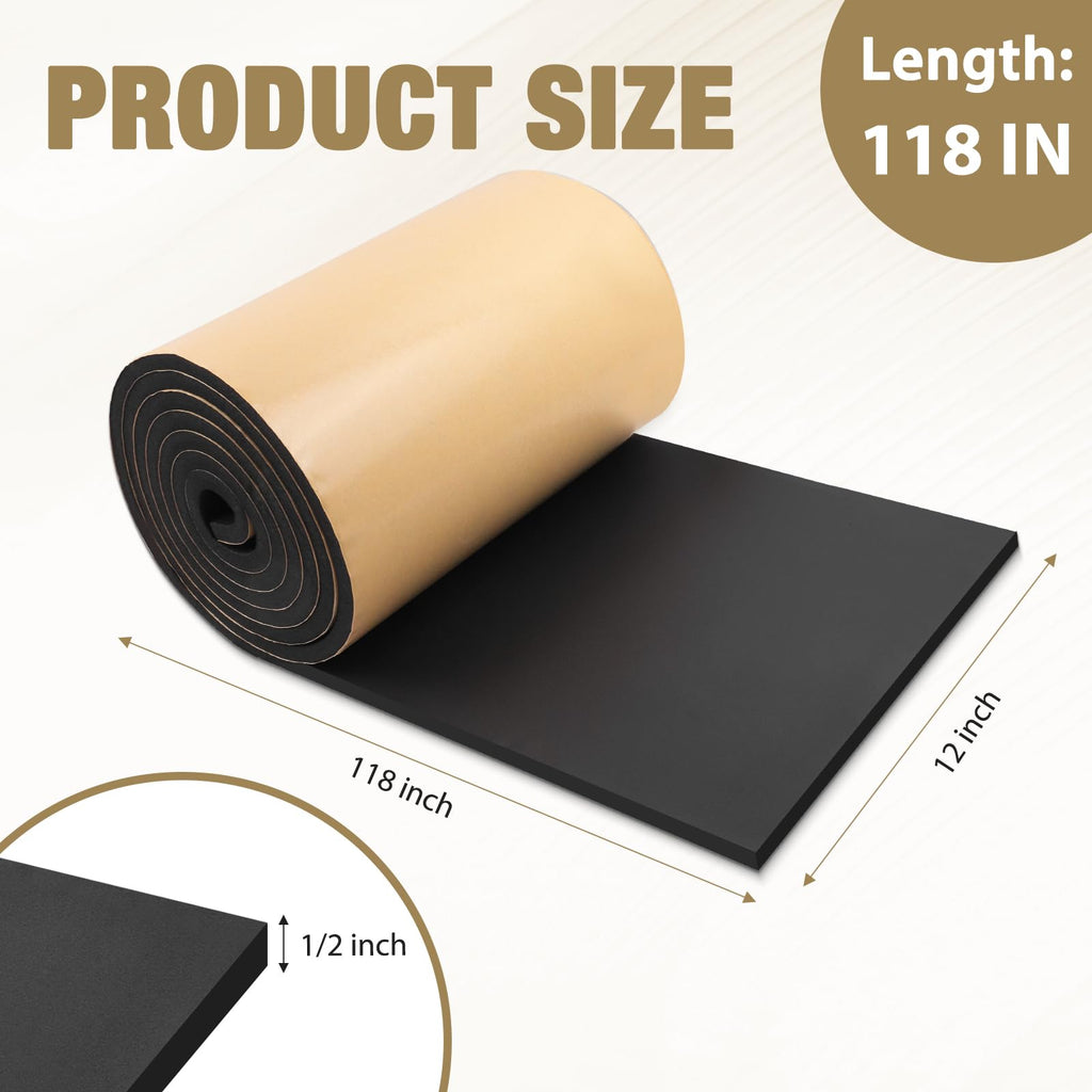 Sponge Neoprene Foam Padding Rubber Sheets with Adhesive Foam Sheet Closed Cell Insulation Neoprene Rubber Roll for DIY Gaskets Shock Pads Liner Crafts (12" Wide x 1/2" Thick x 118" Long, Black)