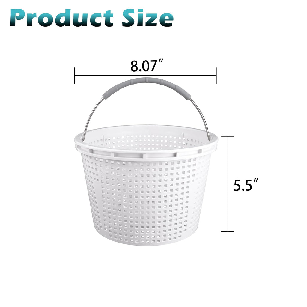 8" Pool Skimmer Basket for Inground Pool Compatible with Pentair U-3 Skimmer Basket 08650-0007 and Hayward SP1070 SPX1070E Pool Basket ，Stainless Steel Handle，Rubber Grip & Built in weighting，White