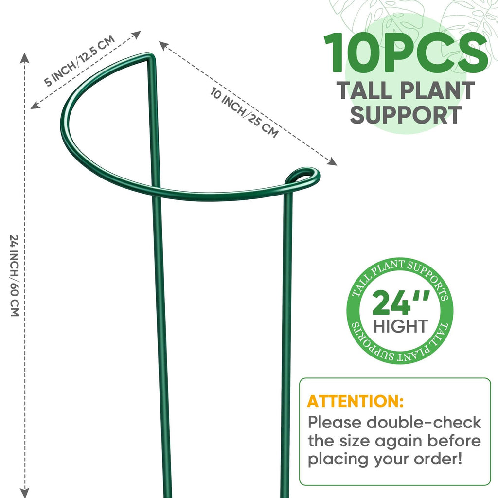 HiGift 10 Pack 24" H x 10" W Tall Plant Support Stakes, Half Round Metal Peony Cages and Supports, Monstera Plant Support Snake Plant Stake Flower Support Ring for Tomato, Hydrangea Outdoor Indoor