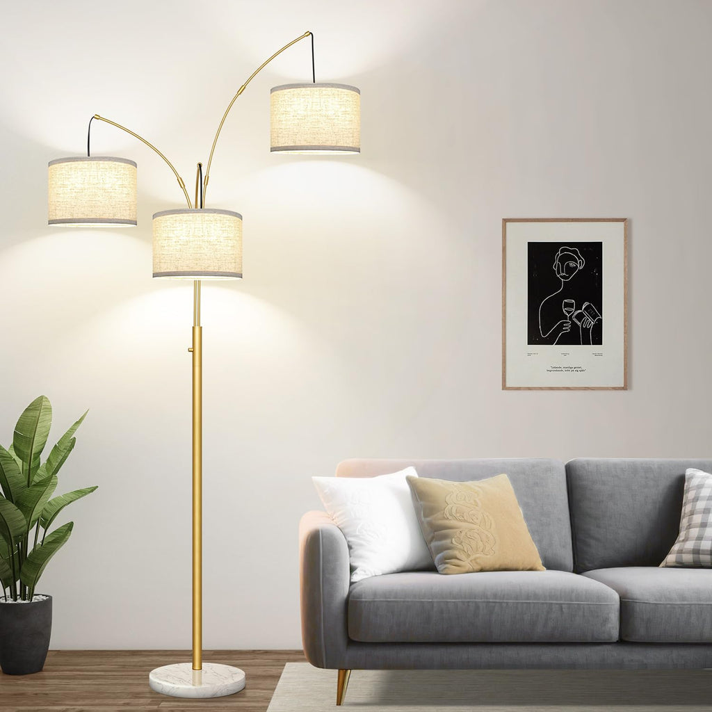Dimmable Floor Lamp - 3 Lights Gold Arc Floor Lamps for Living Room, 1000LM Modern Tall Standing Lamp with White Shade&Marble Base, Mid Century Tree Floor Lamp for Bedroom Office, 3 LED Bulbs Included