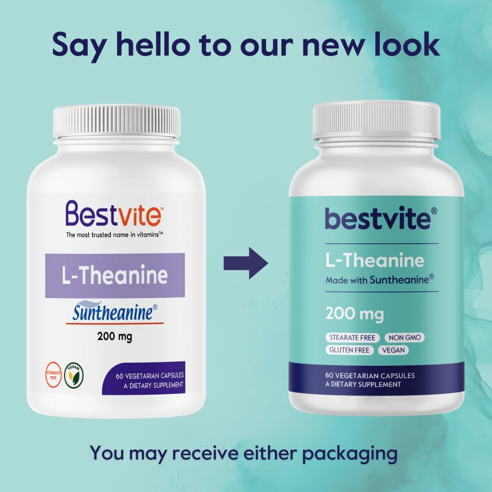 BESTVITE Double Strength Suntheanine L-Theanine 200mg – Patented & Clinically Studied – 120 Vegetarian Capsules (2 x 60) – Vegan – No Stearates – Non GMO – Gluten Free – Relaxation Support