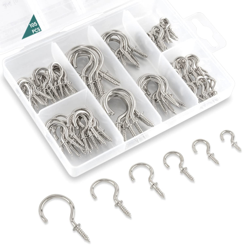 EIENHOSHI 105 Pcs Screw Hooks, 6 Sizes Silver Cup Hooks, Screw in Hooks for Hanging, Metal Cup Hook Screw in (1/2", 5/8", 3/4", 7/8", 1'', 1-1/4")