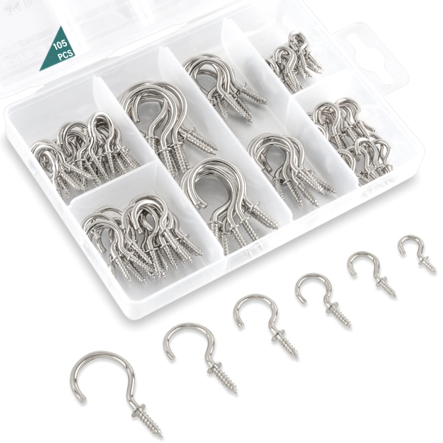 EIENHOSHI 105 Pcs Screw Hooks, 6 Sizes Silver Cup Hooks, Screw in Hooks for Hanging, Metal Cup Hook Screw in (1/2", 5/8", 3/4", 7/8", 1'', 1-1/4")