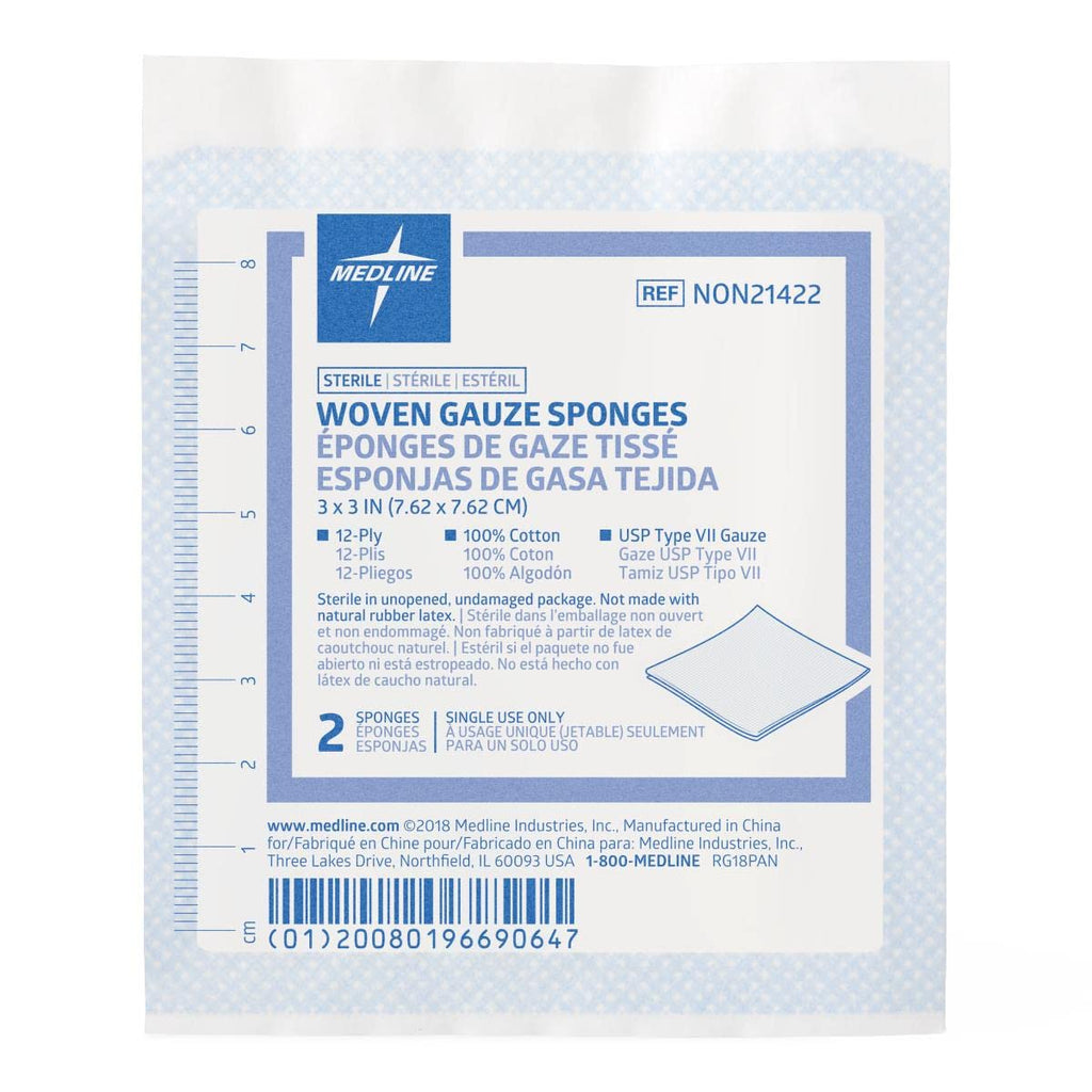 Medline Sterile 100% Cotton Woven Gauze Sponges, 3" x 3", 12-Ply, Ideal for Wound Dressing and General Cleaning, 2/Packs, Pack of 40