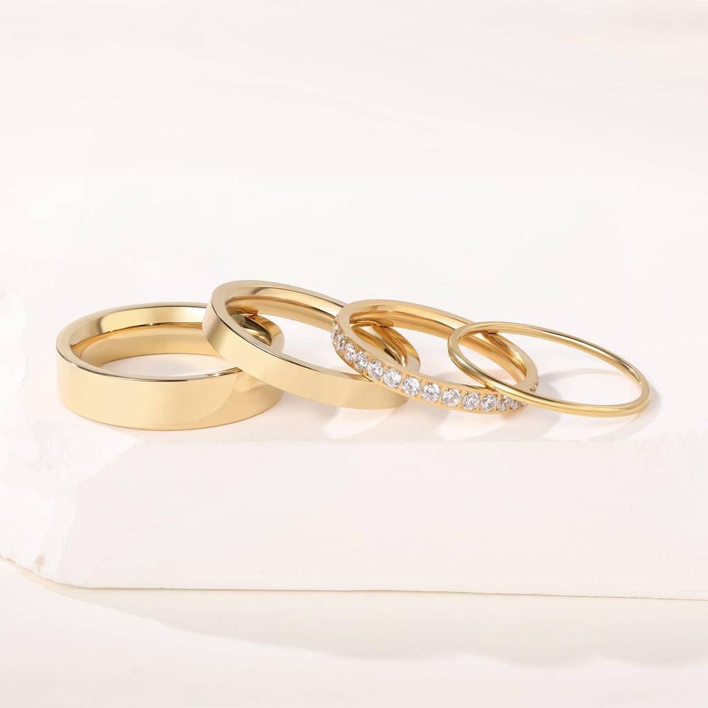 YIKOXI 4 Pcs 14k Gold Filled Rings for Women Non Tarnish Wedding Bands Stacking Rings for Women Titanium Steel CZ Simulated Diamond Knuckle Ring Set (4pcs Gold Rings, 7)