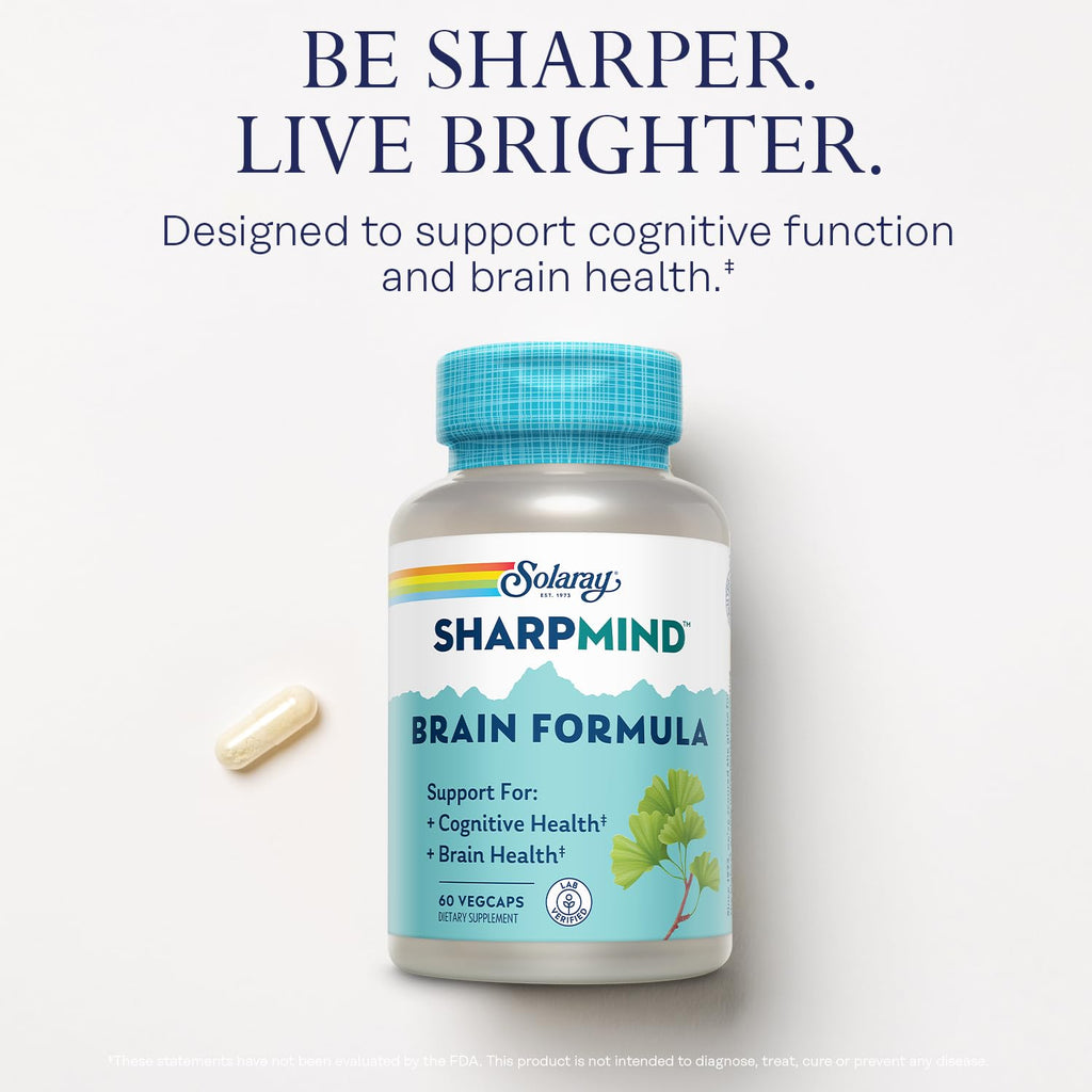 SOLARAY SharpMind Brain Support Formula - Nootropic Brain Supplements - Cognitive and Brain Health Support with Ginkgo Biloba - 60-Day Guarantee, 60 Servings, 60 VegCaps