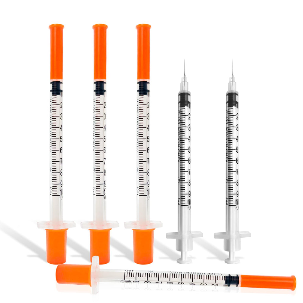 100 Pack Syringes with Needle, 1ml 31G 5/16 Inch 8mm Disposable Syringe, U-100 Lab Tools, Individual Wrapped