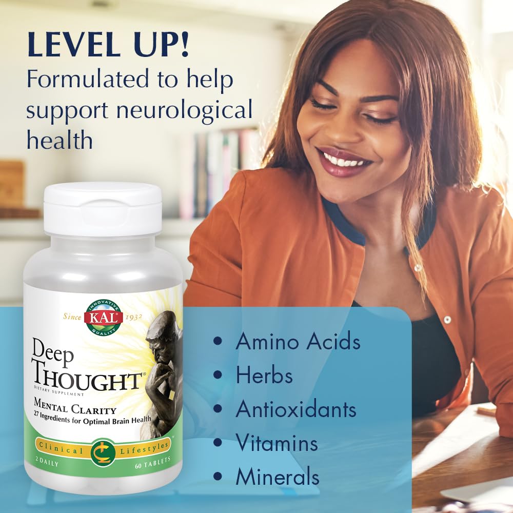 KAL Deep Thought - Nerve Function and Nervous System Health Support with Riboflavin (Vitamin B2) - DMEA, B Vitamins and Amino Acids Support for Women and Men - 30 Servings, 60 Tablets