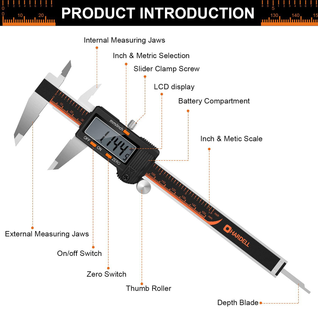 HARDELL Digital Caliper 6 Inch, Caliper Measuring Tool with Large LCD