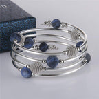 PEARL&CLUB Beaded Chakra Bangle Turquoise Bracelet - Fashion Jewelry Wrap Bracelet with Thick Silver Metal and Mala Beads, Birthday Gifts For Women(63-Navy Blue)
