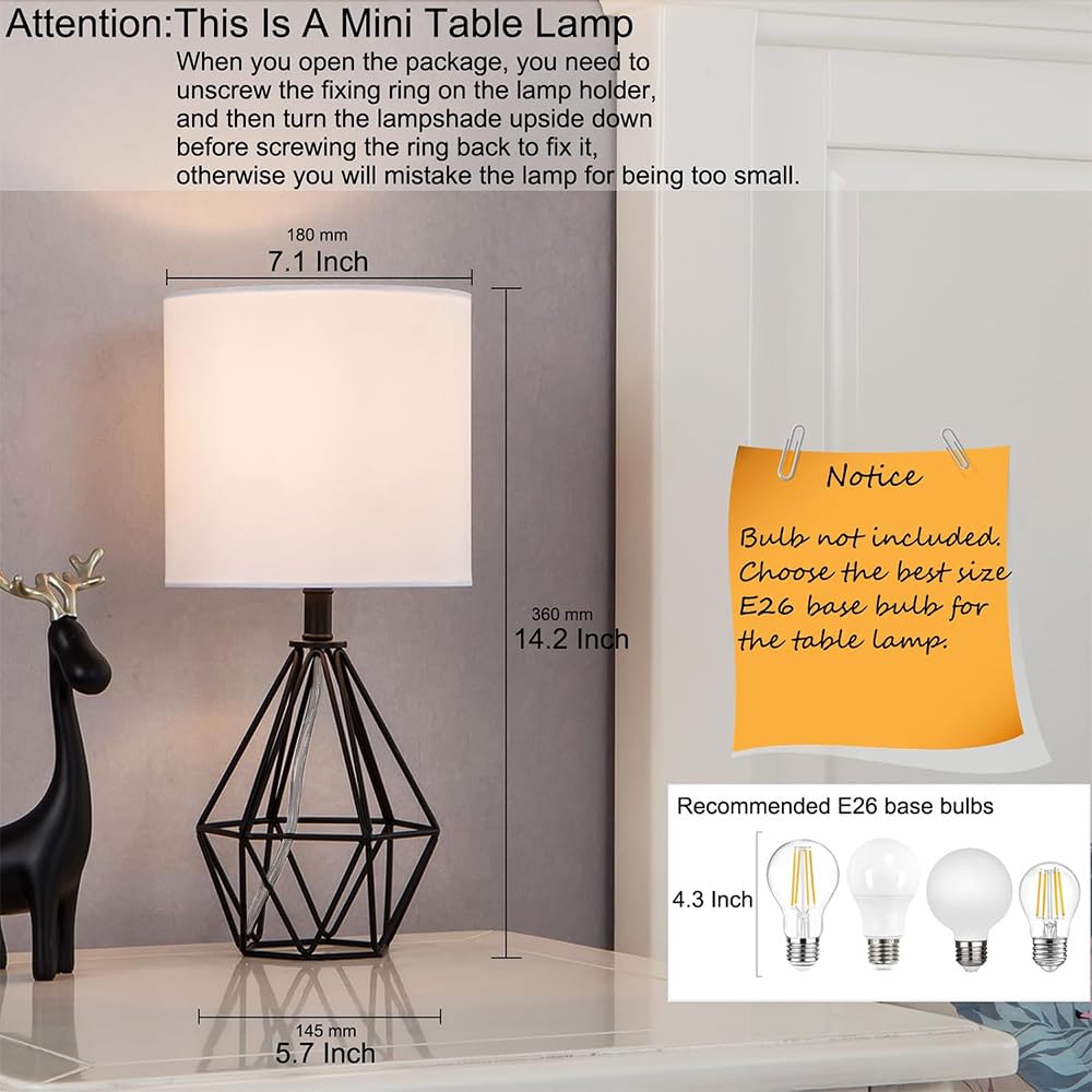 COTULIN Black Bedside Table Lamps Set of 2, Small Nightstand Lamps for Bedroom, Modern Desk Lamps with TC Fabric Shade Geometric Metal Base for Living Room Study Office Farmhouse