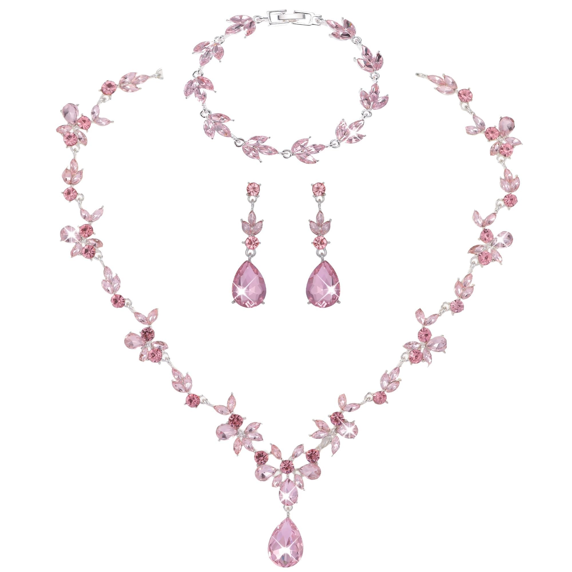 Kamirola Wedding Bridal Jewelry Set for Women, Necklace Dangle Earrings Bracelet Set for Women,Brides,Bridesmaids Crystal Jewelry Set for Wedding Prom Party Crystal Necklace Earrings Bracelet Set
