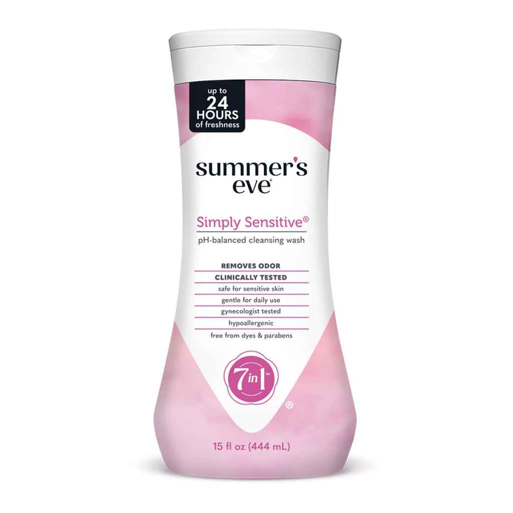 Summer's Eve Simply Sensitive All-Over Daily Feminine Wash, Gentle pH-Balanced Body Wash for Women, Removes Vaginal Odor, 15 Fl Oz