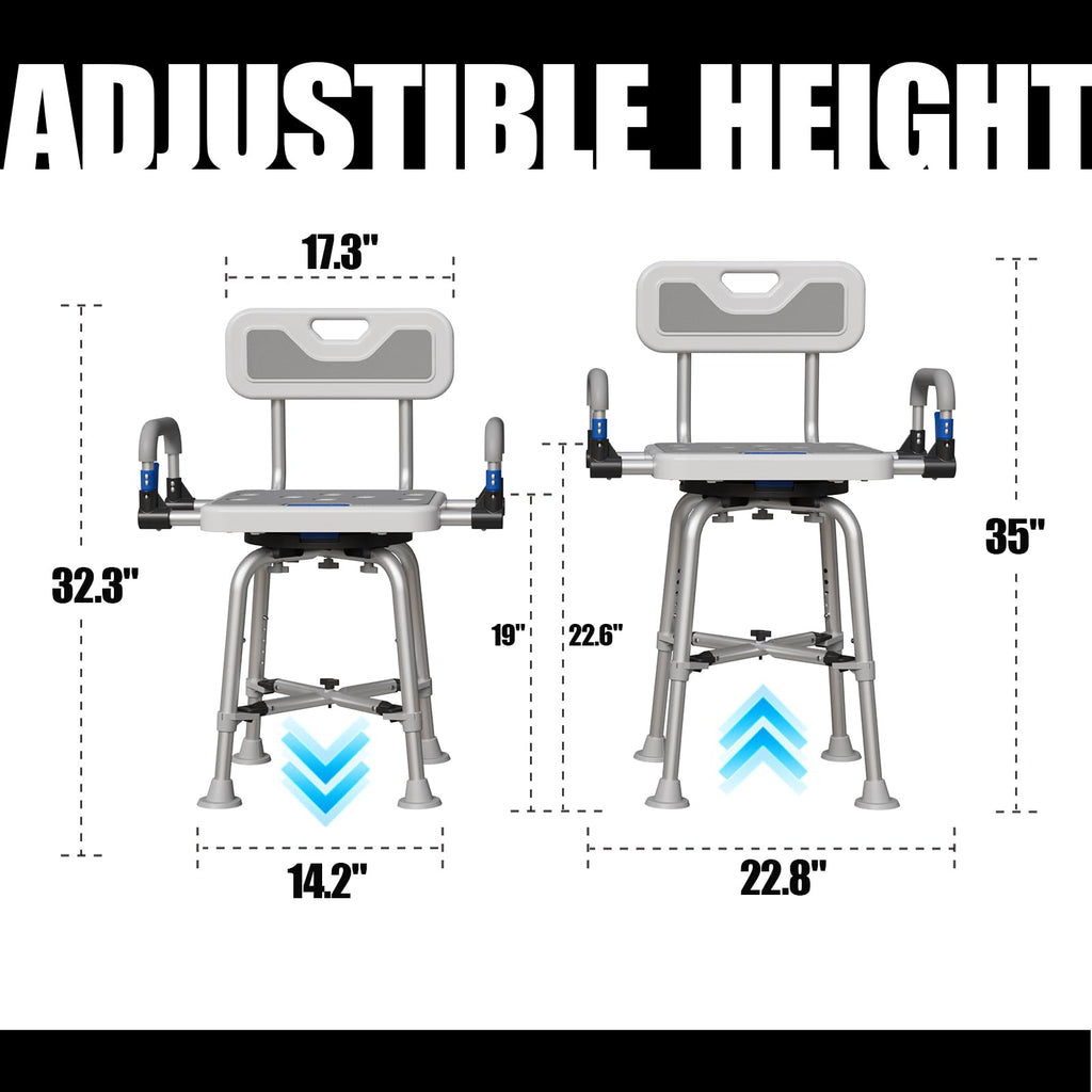 360° Swivel Shower Chair for Elderly and Disabled 400lbs Heavy Duty Bathing Transfer Stool with Armrests & Backrest Adjustable Height Bath Chair for Inside Shower Standard Bathrooms & Bathtubs Gray