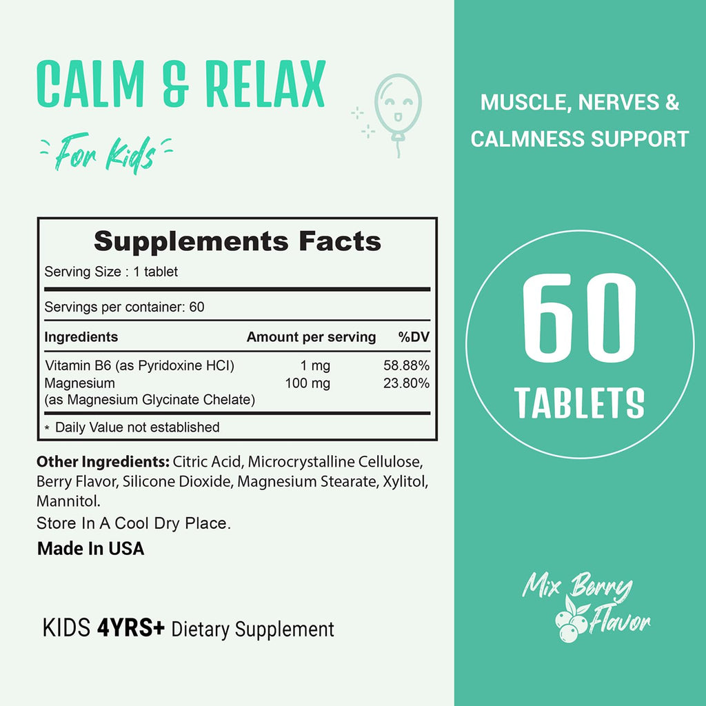 Heivy Kids Calming Supplement, Contains Magnesium Glycinate & Vitamin B6, Support Calm & Relax, Calm Mind and Body, Berry Flavor for Age 4+ (60 Servings), Vegan, Gluten-Free, Made in USA