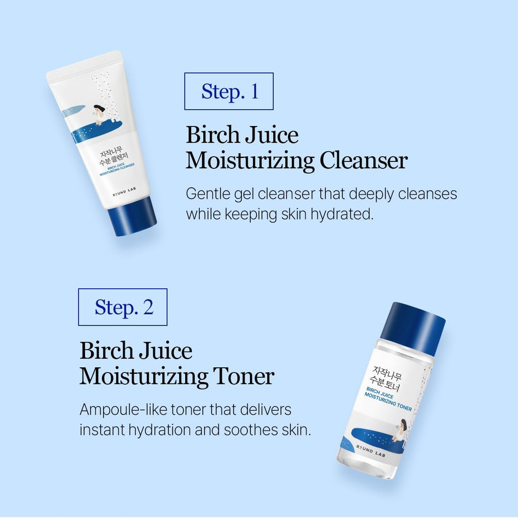ROUND LAB Birch Juice Moisturizing Mini Kit, 4-Step Travel Size Skincare Set (Cleanser, Toner, Serum, Cream), Daily Skin Care Routine Trial Kit for Acne-Prone and Sensitive Skin, Korean Skin Care