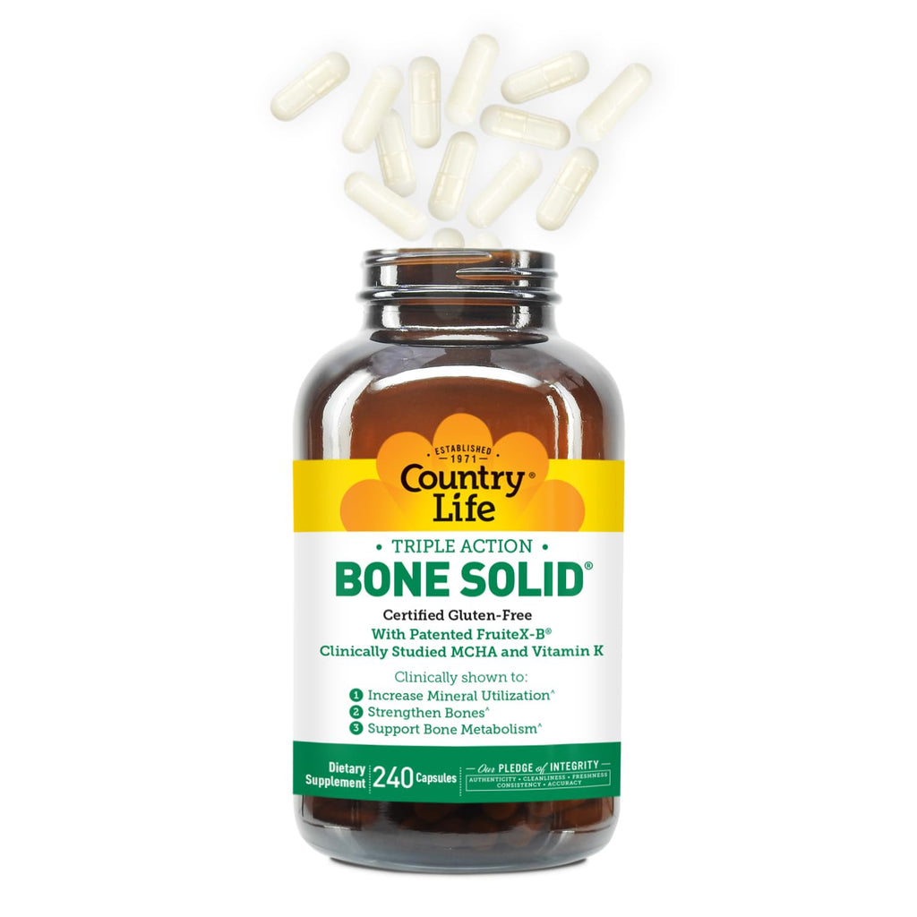 Country Life Bone Solid - Bone Health Supplement with Microcrystalline Hydroxyapatite (MCHA), Calcium, Magnesium, Zinc, Vitamins K2 & D3 for Enhanced Bone Strength & Metabolism - 240 Capsules