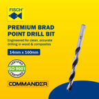Fisch Premium Brad Point Drill Bit, High-Accuracy Woodworking Bits with Beveled Edges for Smooth, Tear-Free Holes, Ideal for Pros & DIY, Made in Austria, Size: 14mm x 160mm