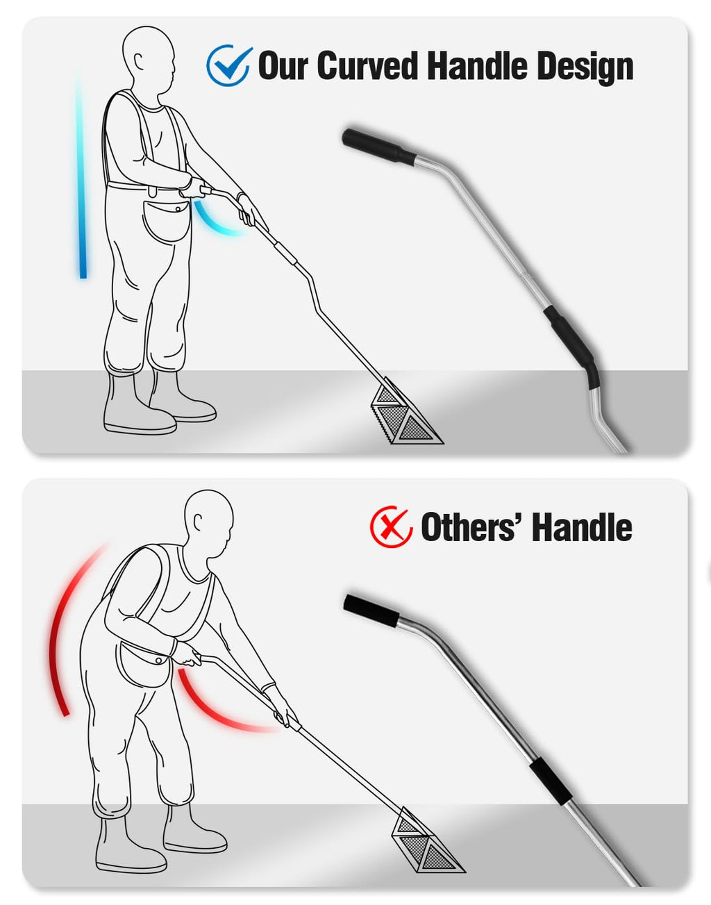 Exact Design Sand Flea Rake,16-Inches Wide Basket, 52” Long Strong Assembly Handle, Sharp Teeth, Curved Handle Design [3 Pieces Assembly Handle Version]