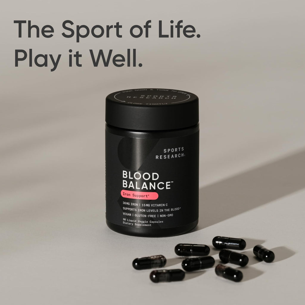Sports Research® Blood Balance Iron Supplement - 36 MG Iron + Folate & Vitamin C for Absorption - Red Blood Cell Support for Women & Men* - Vegan Certified · Non-GMO · Gluten-Free - 90 Capsules