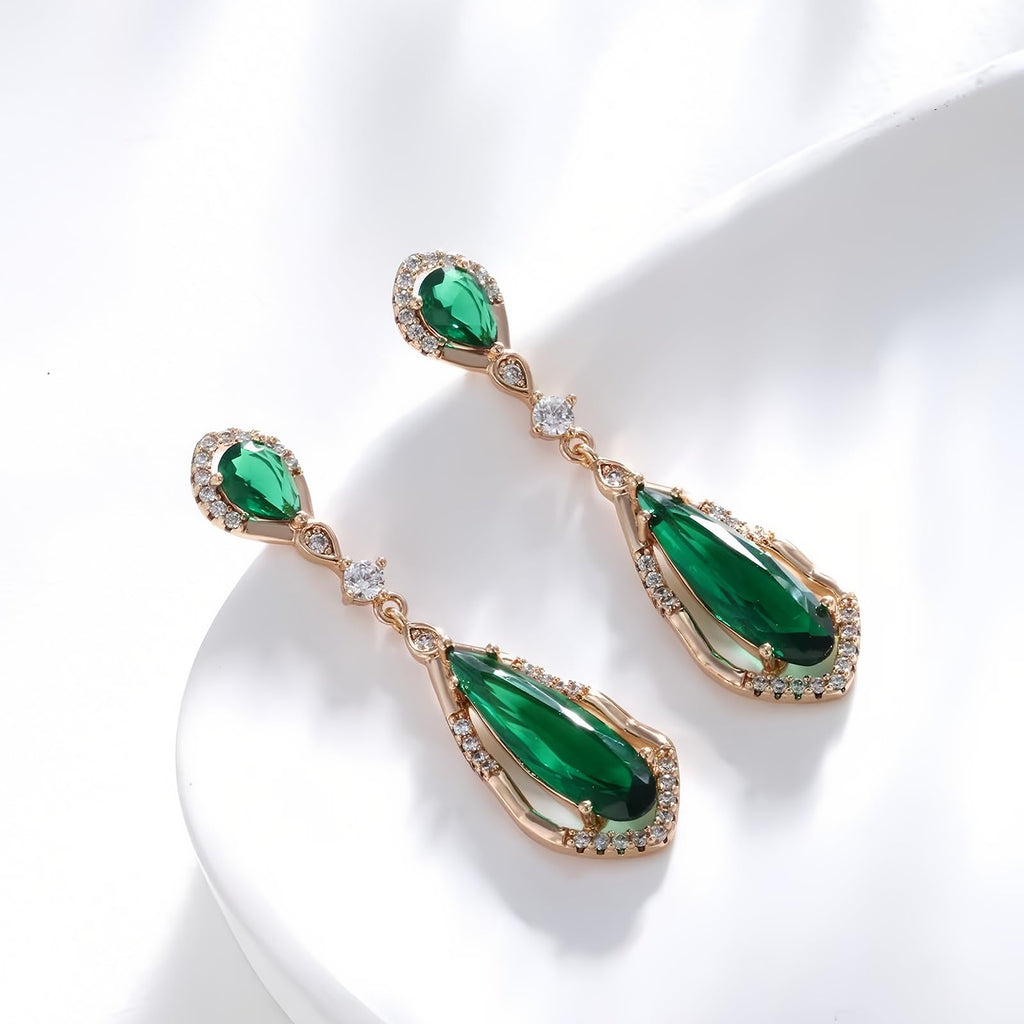 Hpoewre Vintage Emerald Green Teardrop Earrings,925 Sterling Silver Posts & 18K Gold-Plated Brass Drops,Cubic Zirconia Dangle Earrings for Women (Vintage)