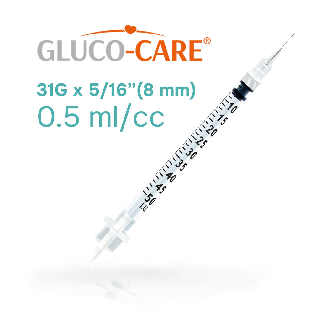 GLUCO-CARE 0.5 ml/cc Syringes 31G x 5/16’’ (8mm), Orange Cap, Box of 50 pcs